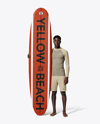 Man Wearing Rashguard Jersey and Shorts with Surfboard Mockup