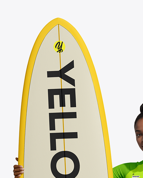 Woman Wearing Long Sleeve Rashguard and Shorts Holding Surfboard Mockup