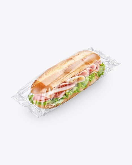 Clear Plastic Flow-Pack with Sandwich in Paper Sleeve Mockup