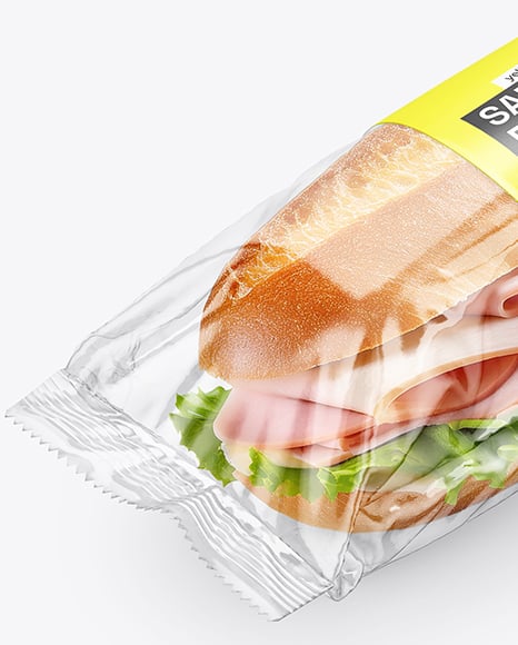 Clear Plastic Flow-Pack with Sandwich in Paper Sleeve Mockup