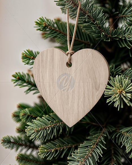 Wooden Heart Shaped Toy on Christmas Tree Mockup