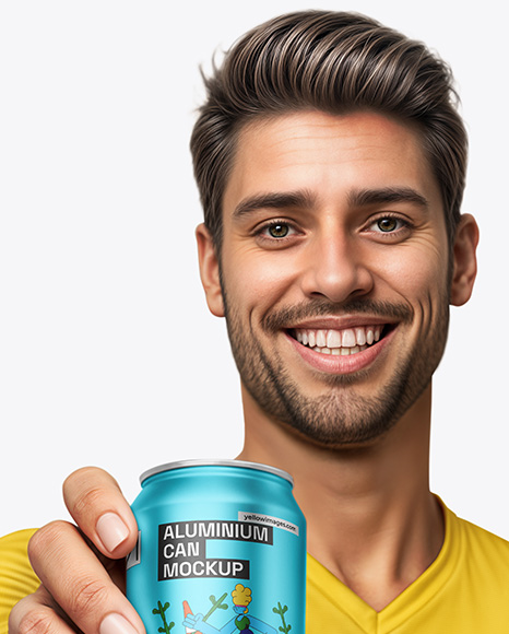 Man Wearing a T-shirt Holding 12oz Drink Can Mockup