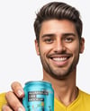 Man Wearing a T-shirt Holding 12oz Drink Can Mockup