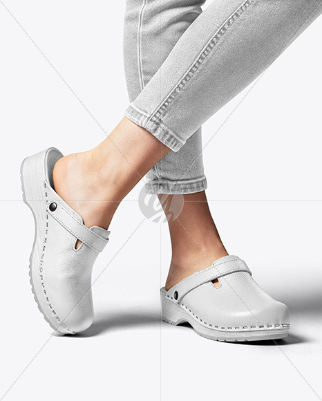 Pair of Clogs on Woman's Legs with Jeans Mockup