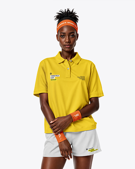 Afro-American Woman Wearing Tennis Polo Shirt and Shorts Mockup - Women+S+Polo+Mockup+Front+View+In+Apparel+Mockups+On+Yellow+Images+Object+Mockups