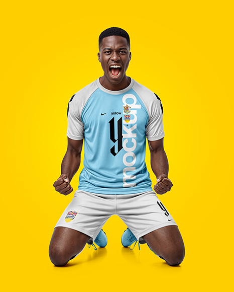 Afro-American Man Wearing Raglan Soccer Jersey and Shorts Mockup