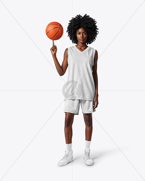 Black Woman with Afro Hairstyle Wearing Full Basketball Kit Mockup