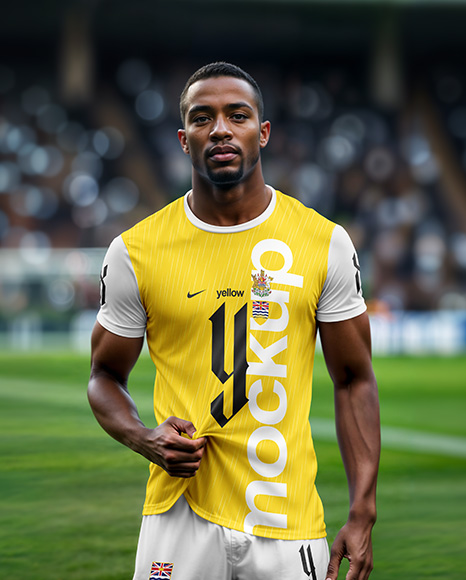 Soccer Player Wearing a Crew Neck Jersey and Shorts at the Stadium Mockup - Mockup kit soccer