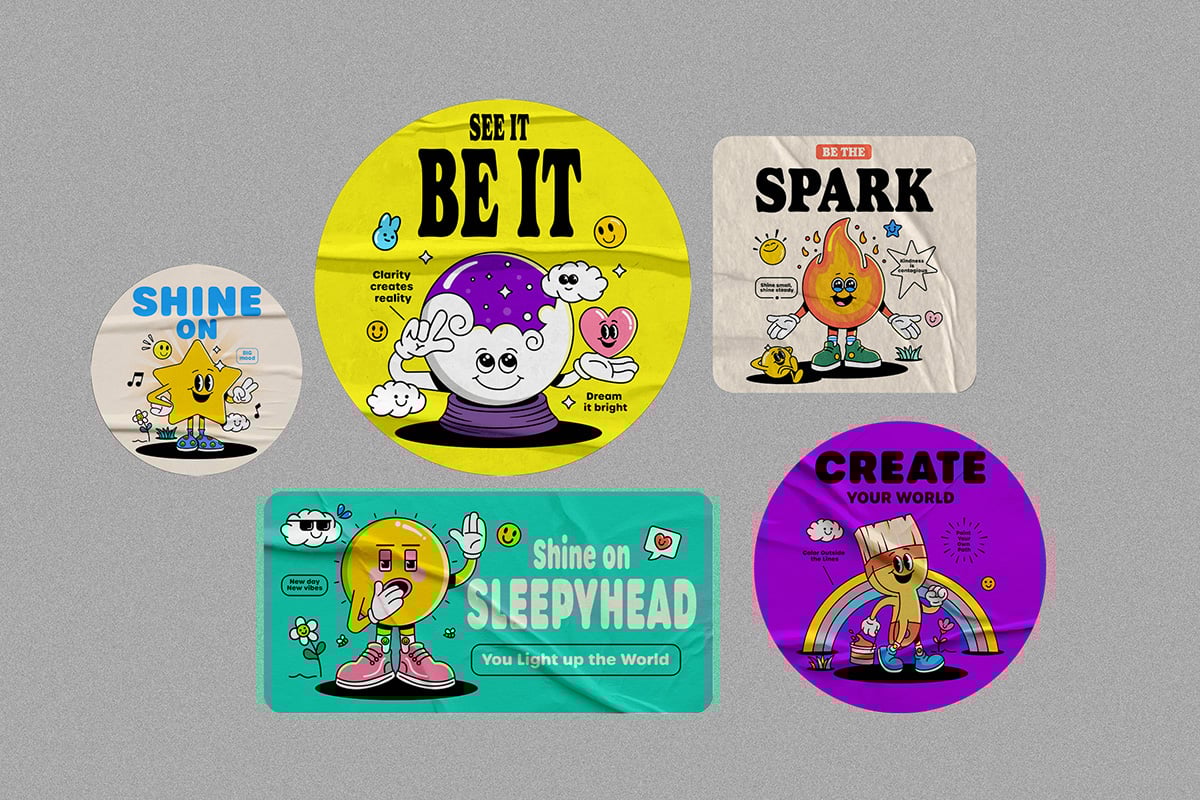 Groovy Nature Wisdoms – 20 Motivational Posters in Retro Cartoon Style (Vector Pack)