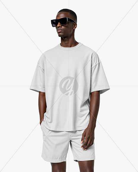 Black Man Wearing Oversize T-Shirt and Shorts Mockup