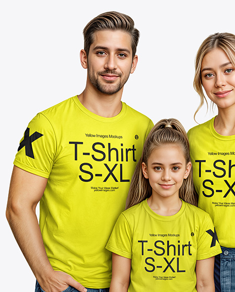 Family with a Girl Wearing T-shirts and Jeans Mockup