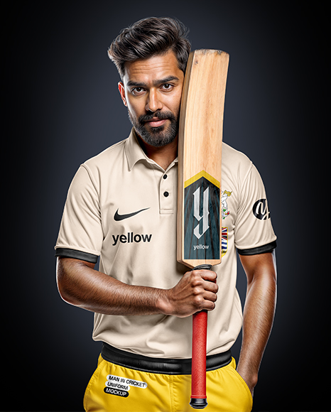 Indian Cricket Player Wearing a Polo with a Bat Mockup