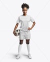 A Black Woman Wearing a Full Soccer Kit with a Ball Mockup