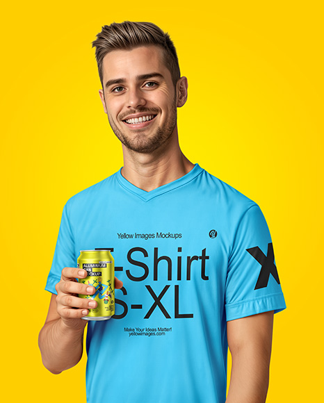 Man Wearing a T-shirt Holding 12oz Drink Can Mockup