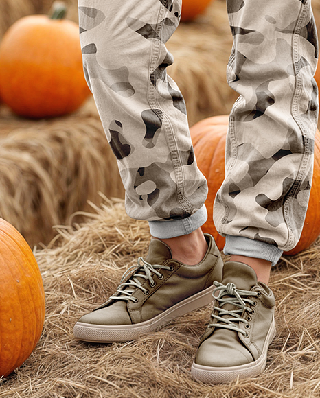 Young Woman in Sweatshirt and Joggers Standing on Hay Block at Pumpkin Patch Mockup