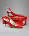 Pair of Glossy Slingbacks on Shoe Box Mockup