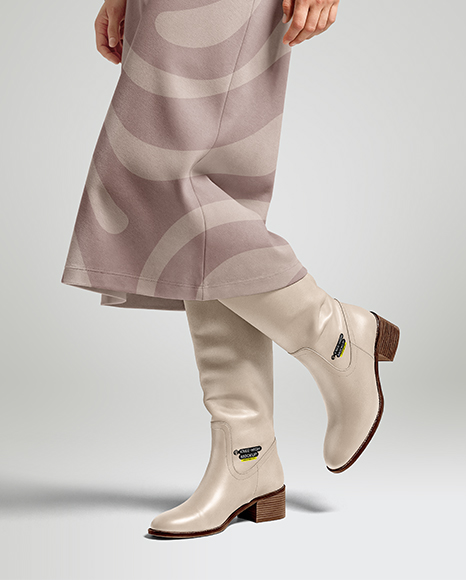 Pair of High-Knee Boots on Women's Legs with Dress Mockup