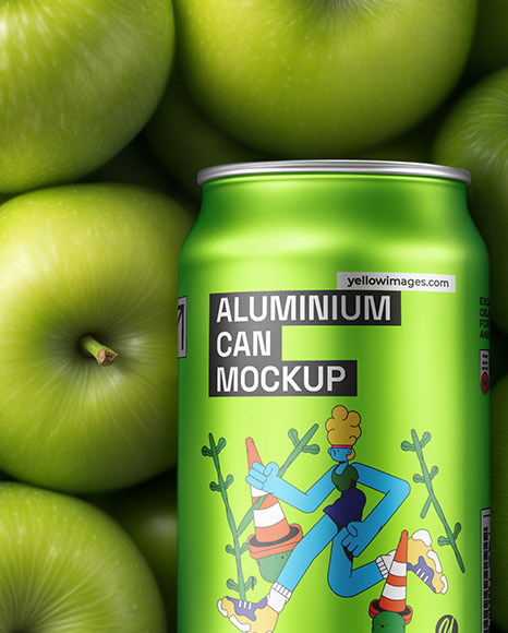 12oz Drink Can on a Stack of Green Apples Mockup