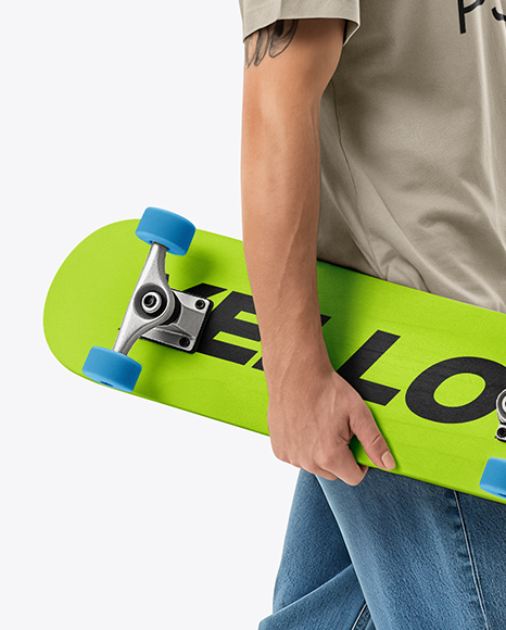 Young Man Wearing T-Shirt and Beanie Hat Holding Skateboard Mockup