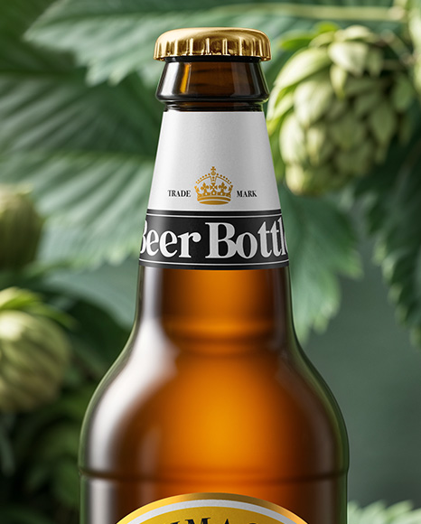 Beer Bottle Surrounded by Hops Branches Mockup