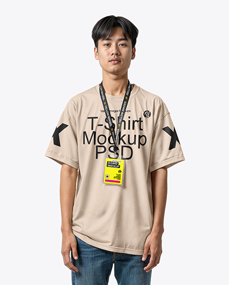 Young Man Wearing T-shirt with ID Card Mockup - Visiting card mockup
