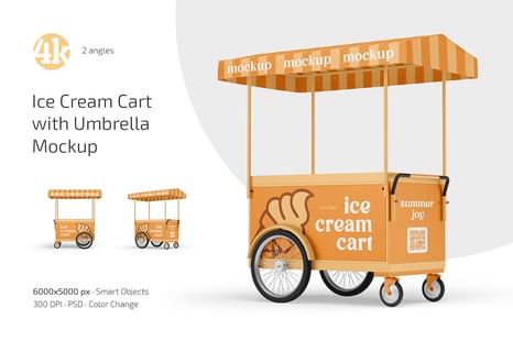 Ice Cream Cart with Umbrella Mockup Set