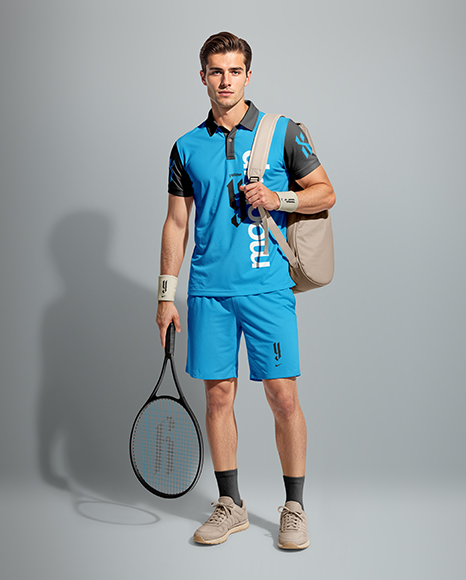 Man Wearing Tennis Uniform and Tennis Bag Mockup