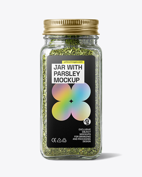 Square Glass Jar with Parsley Flakes Mockup - Realistic mockups