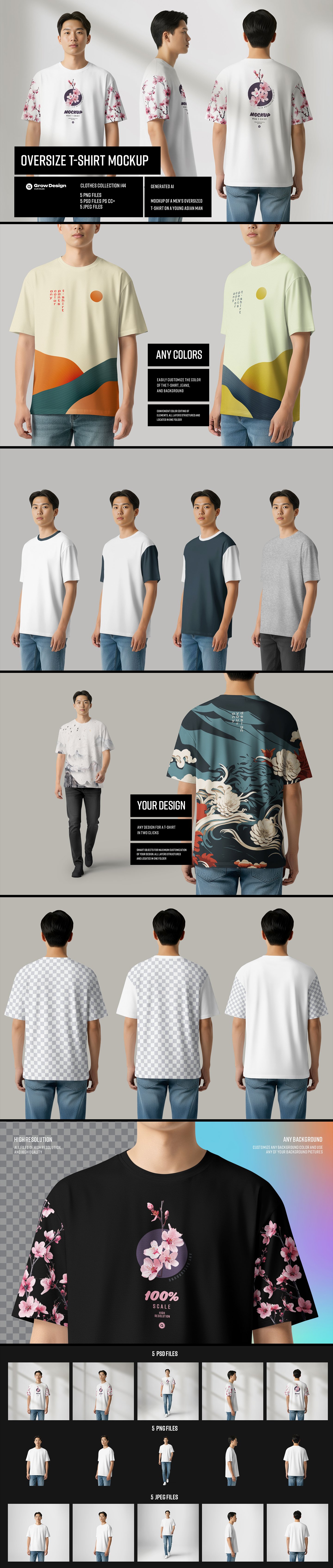 5 Oversized T-Shirt mockups on Asian Man. Vol.01.
