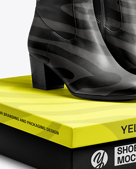 Pair of Women's High-Knee Boots on Shoe Box Mockup
