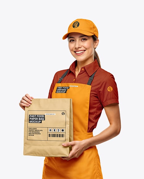 Female Fast Food Worker in Uniform with Paper Bag Mockup - Restaurant menu mockup