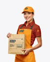 Female Fast Food Worker in Uniform with Paper Bag Mockup