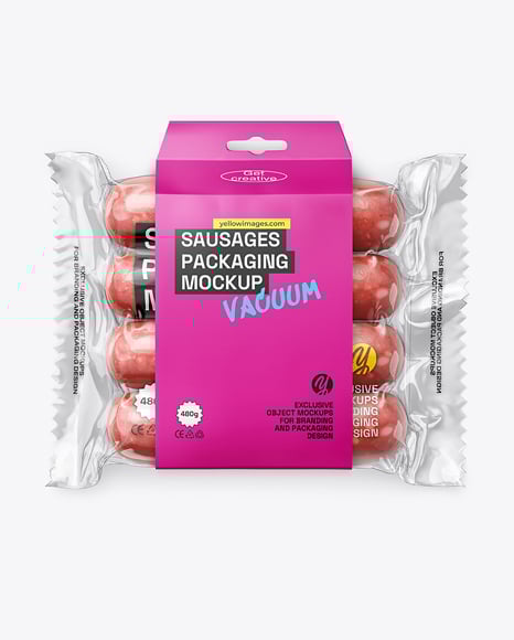 Clear Plastic Flow-Pack with Sausages in Paper Holder Mockup