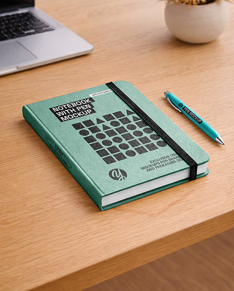 Notebook with Pen on the Table Mockup