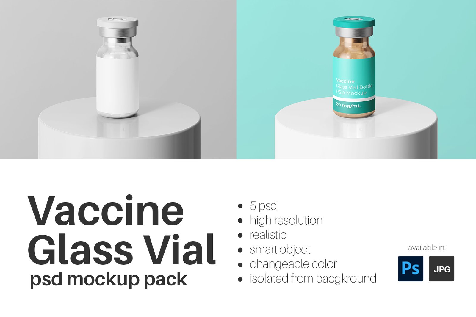 Vaccine Glass Vial Medical Bottle PSD Mockup Pack