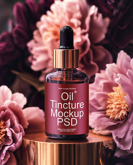 Amber Dropper Bottle with Oil Tincture Surrounded by Flowers Mockup - Mockups