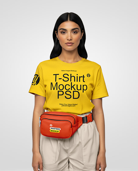 Woman Wearing T-Shirt with Fanny Pack Mockup