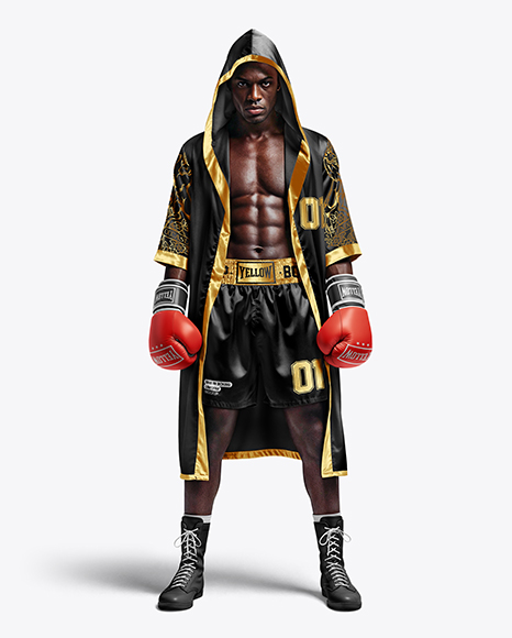 Black Man Wearing Boxing Kit with Robe and Shorts Mockup