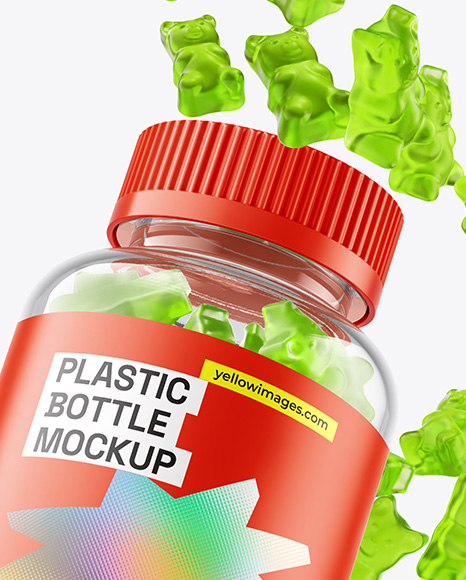 Plastic Bottle with Flying Gummies Mockup