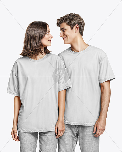 Young Couple Wearing Oversized T-shirts and Jeans Mockup