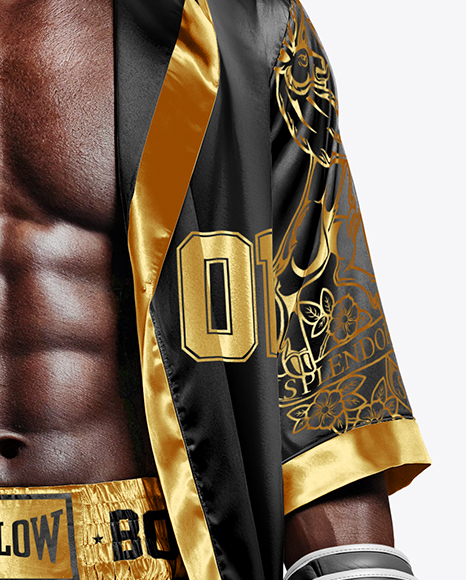 Black Man Wearing Boxing Kit with Robe and Shorts Mockup