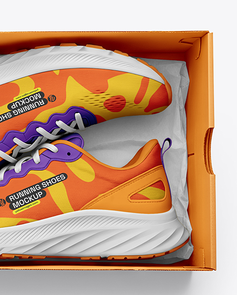 Pair of Running Shoes in Shoe Box Mockup