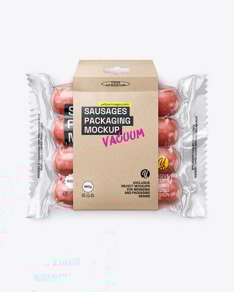 Clear Plastic Flow-Pack with Sausages in Kraft Paper Holder Mockup