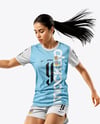 Female Soccer Player Wearing Jersey and Shorts Mockup