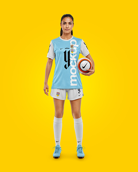 Woman Wearing Soccer Jersey and Shorts Mockup