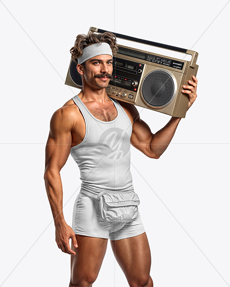 Mustachioed man with Boombox Wearing Tank Top and Shorts Mockup