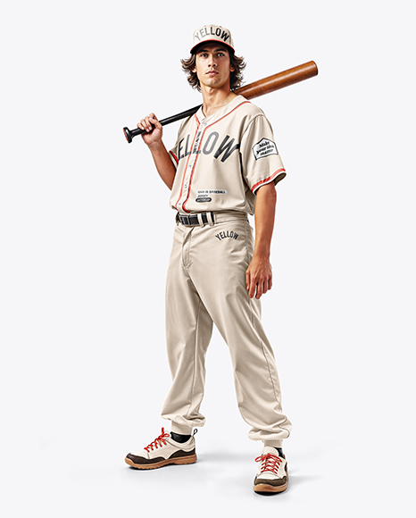 Young Man Wearing a Full Baseball Kit with Bat Mockup - Mens+Baseball+Jersey+Mockup+HalfsideView+Download+...