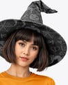 Young Woman Wearing Witch Hat, T-shirt & Pants Mockup