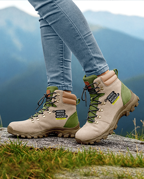 Pair of Hiking Boots on Woman's Legs with Jeans Mockup - Jeans mockup