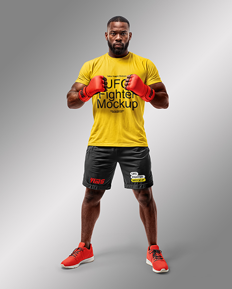 Black Male UFC Fighter Wearing T-Shirt & Shorts Mockup